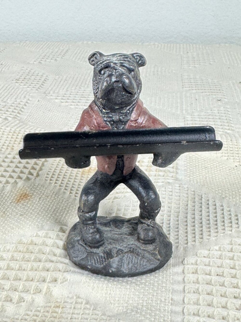 Vintage Cast Iron Bulldog Figure Pen Holder Red Jacket Rustic Decor